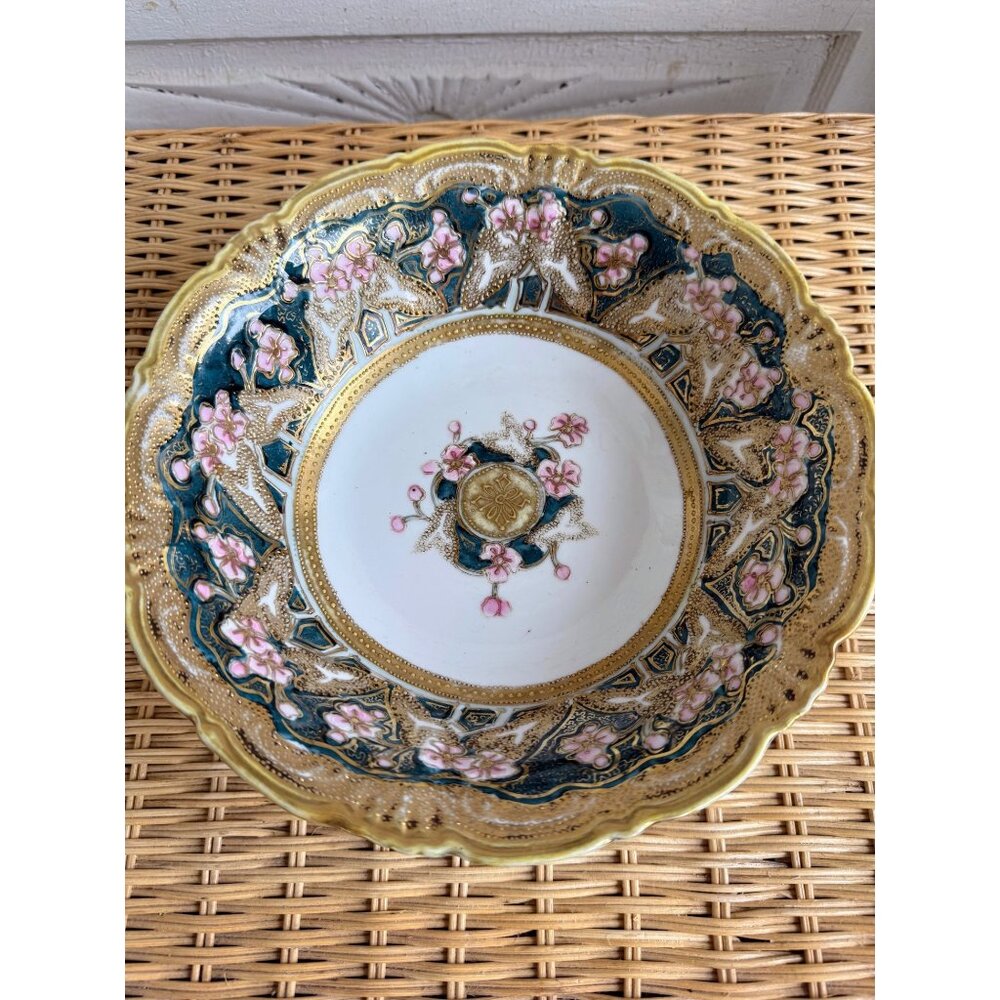 Vintage 40's Nippon Porcelain Bowl Gold Beading Pink Flowers 10"